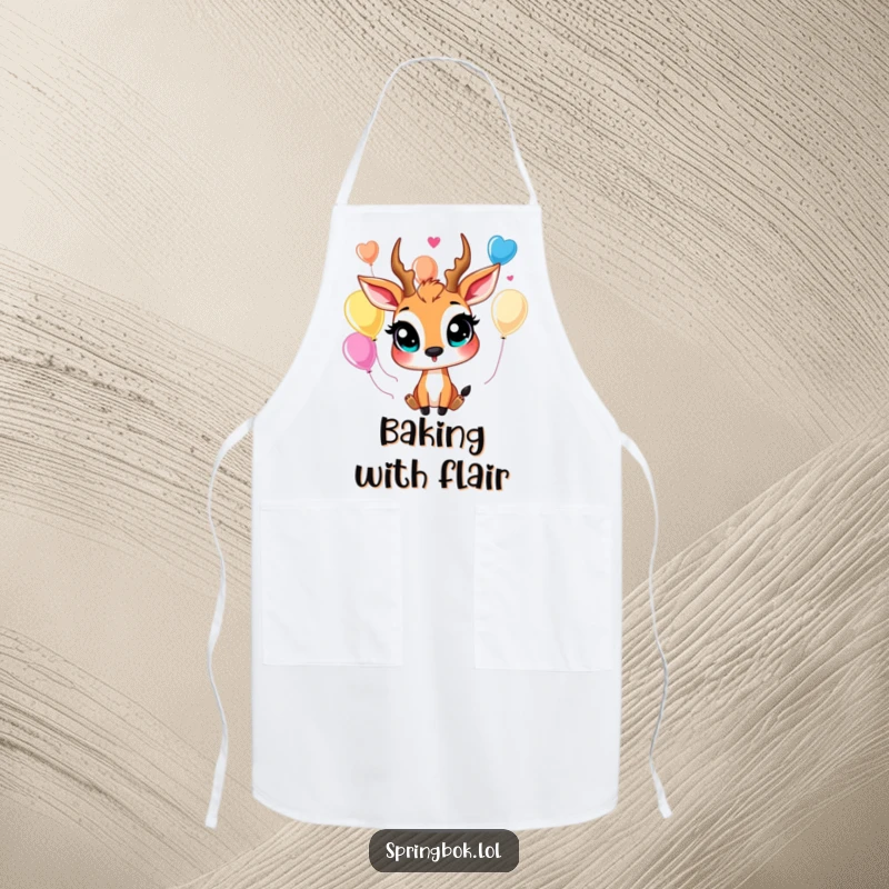 Funny springbok apron with a happy character humorously juggling colorful balloons, perfect for adding fun to the kitchen.