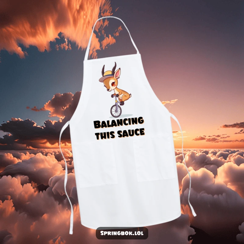 Funny Springbok Unicycle Apron: A springbok in a hat, focused on riding a unicycle, bringing humor to the kitchen.