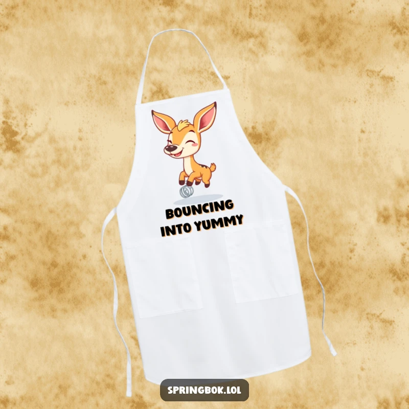 Funny springbok with a wide grin bouncing on a spring on a kitchen apron, perfect for adding joyous and humorous flair.