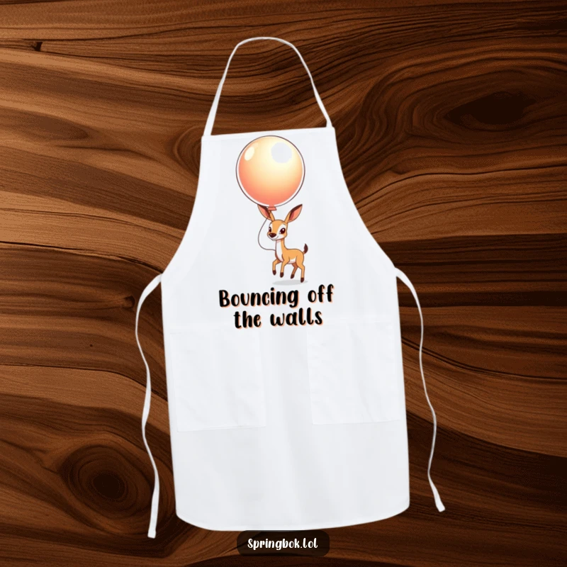 Funny Springbok Balloon Apron: A springbok happily bouncing a large balloon, bringing fun to the kitchen.