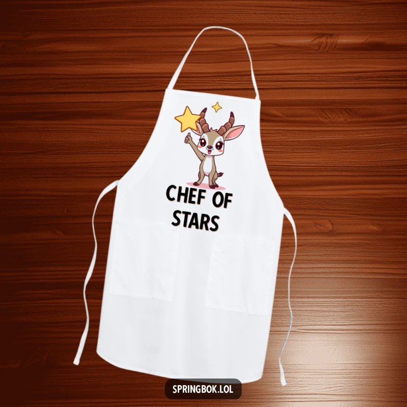 Funny springbok apron featuring a triumphant character posing under a star, ready for kitchen success with humor.