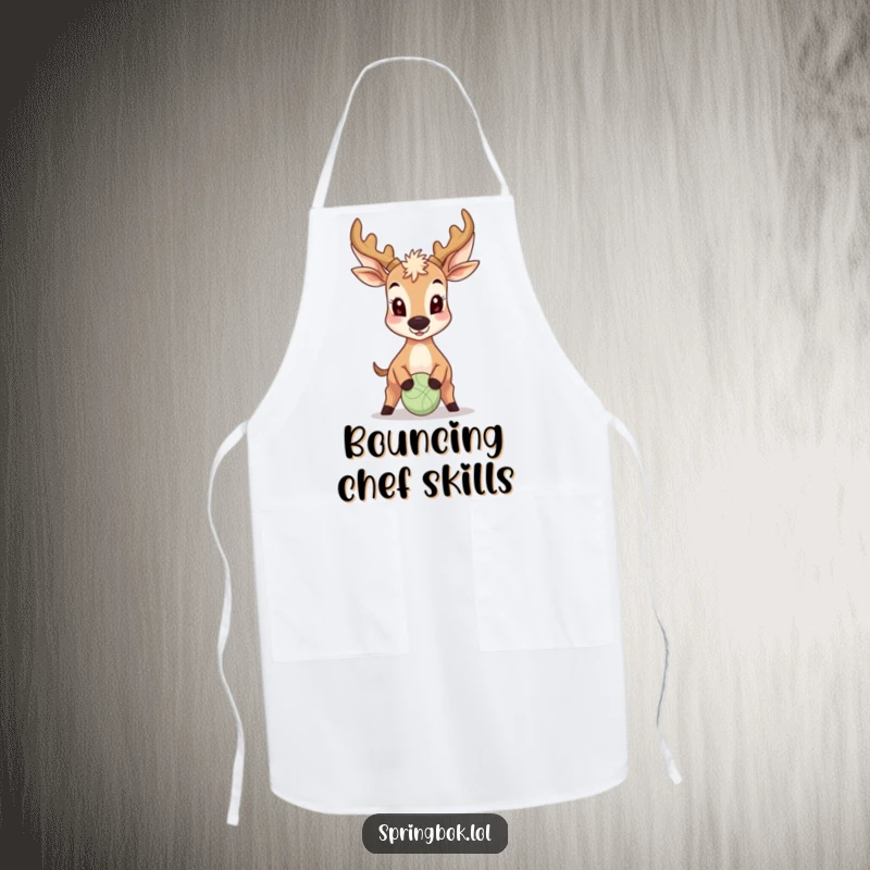 Funny Antelope Apron: A smiling antelope is depicted playing with a ball using its nose, a humorous addition to any kitchen.