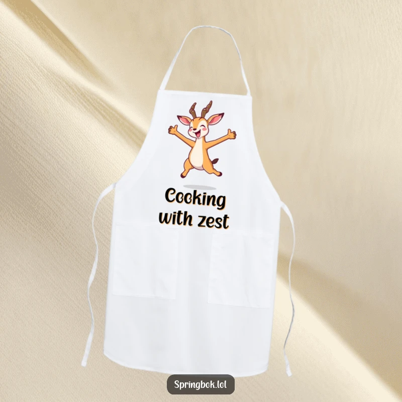 Funny kawaii springbok apron depicted in a joyful jump with arms spread wide, adding fun to cooking.