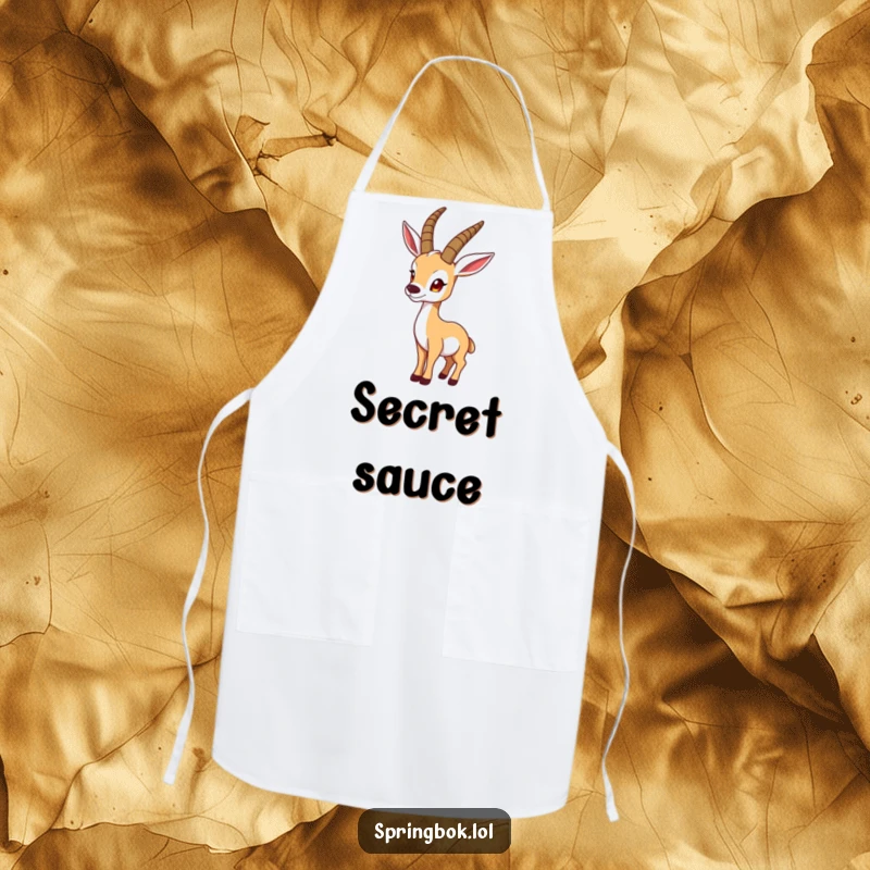 Funny springbok apron shows a springbok looking over its shoulder in a funny pose, bringing humor to kitchen tasks.