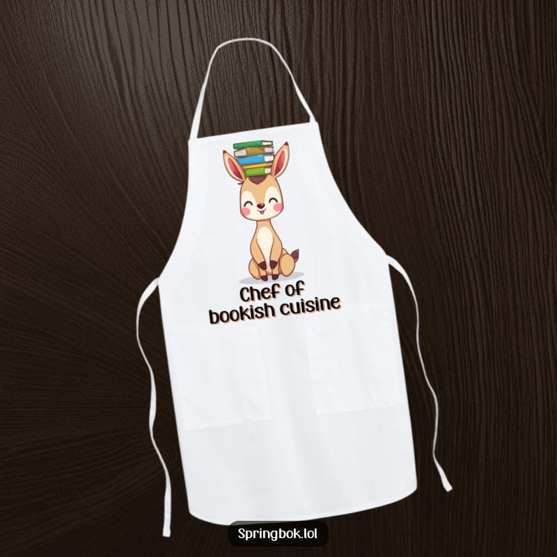 Funny springbok apron designed for chefs, showing a springbok humorously balancing a stack of books on its head while cooking.