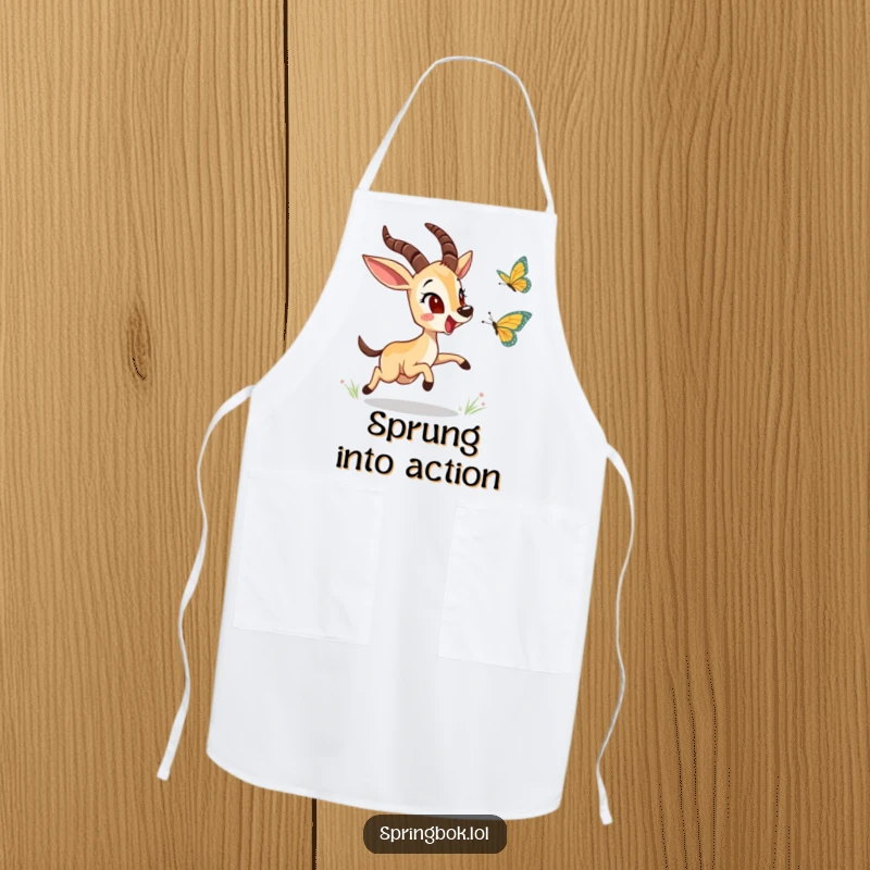 Funny springbok character chasing a butterfly on a kitchen apron, bringing playful energy to cooking and baking activities.
