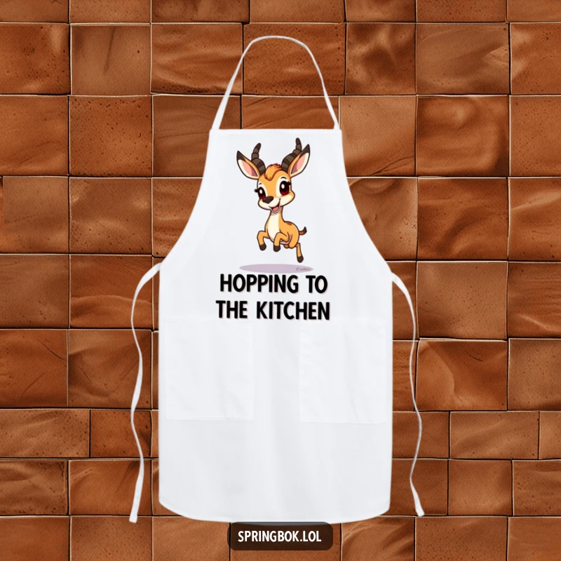 Funny Springbok Apron: A springbok joyfully hopping with a wide grin, a fun and functional kitchen accessory.