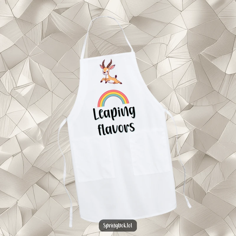 Funny springbok apron showing a cute animal leaping over a rainbow, adding a playful, cheerful touch to kitchen wear.