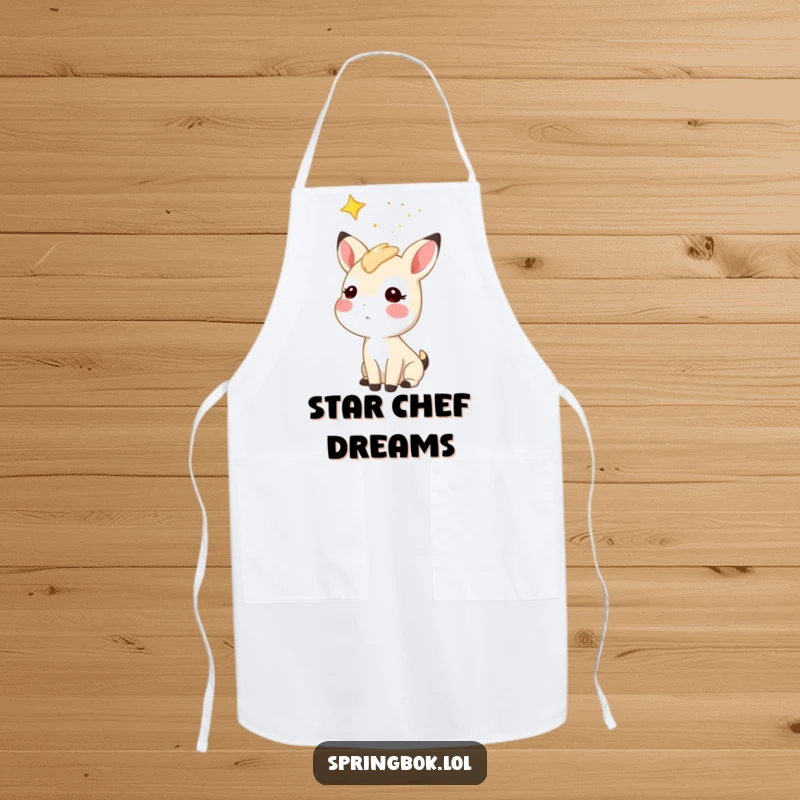 Funny starry sky springbok apron, a springbok character gazing at stars, kitchen wear with whimsical charm.