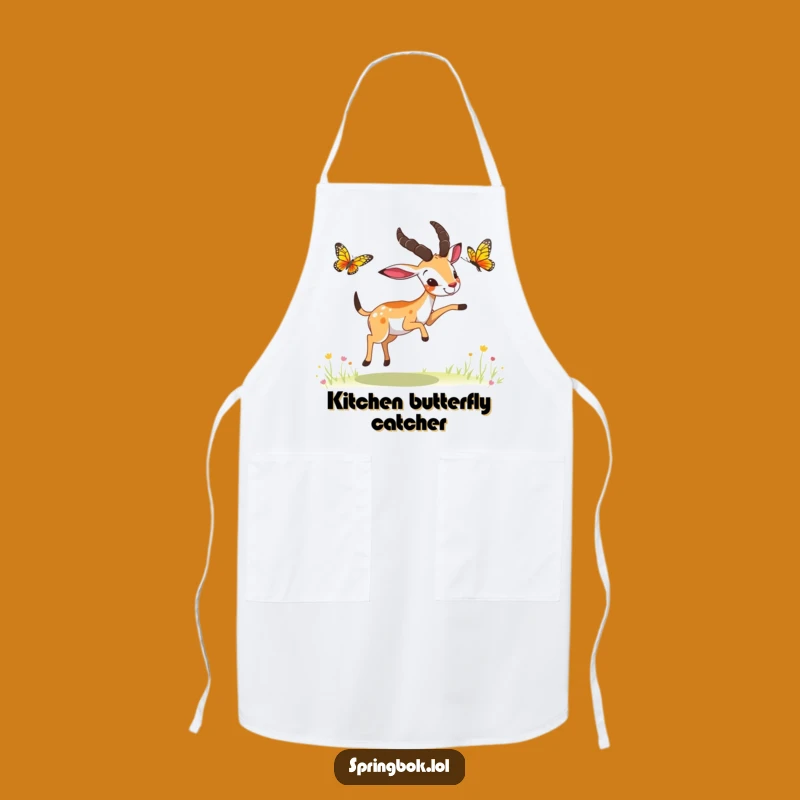 Funny Springbok Butterfly Chase Apron: Playful Kitchen Fun