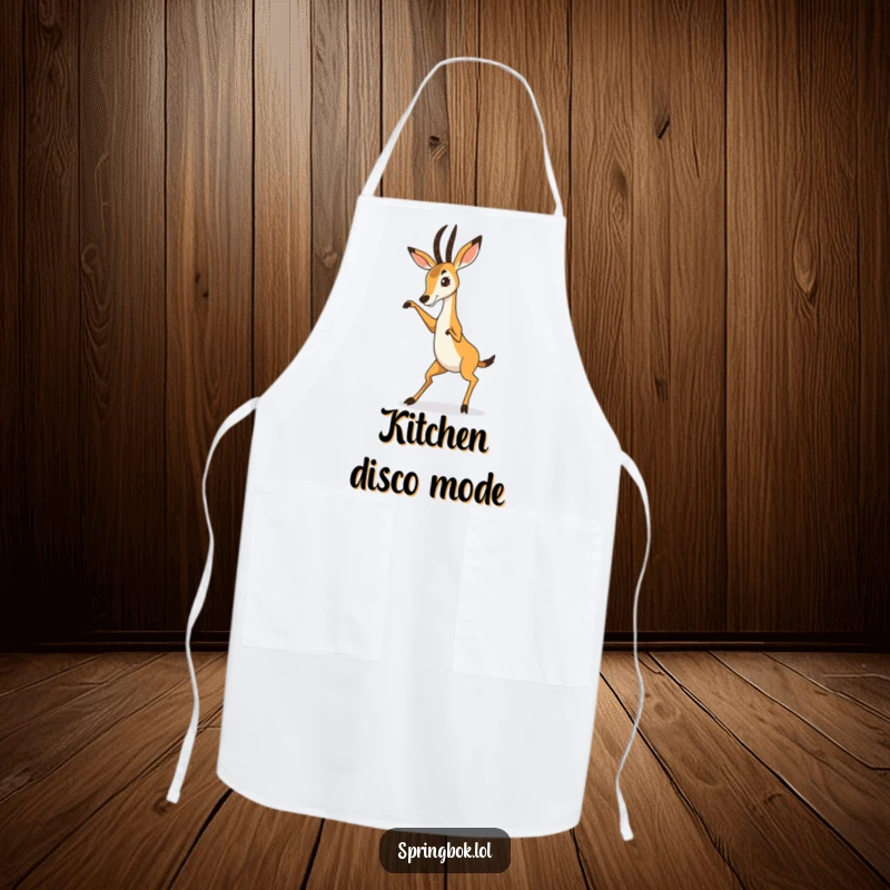 Funny Springbok Apron illustrating a springbok in a spectacularly funny, dance-filled pose, ready to tackle any kitchen task with humor.