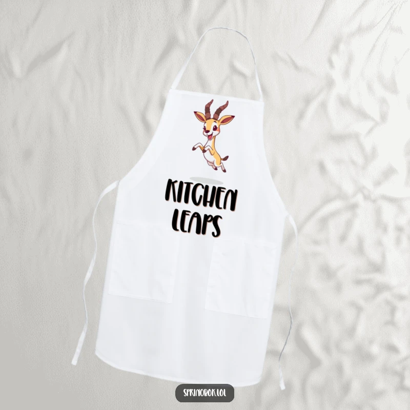 Funny springbok leaping joyfully with ears flopped forward, humorous and cheerful apron