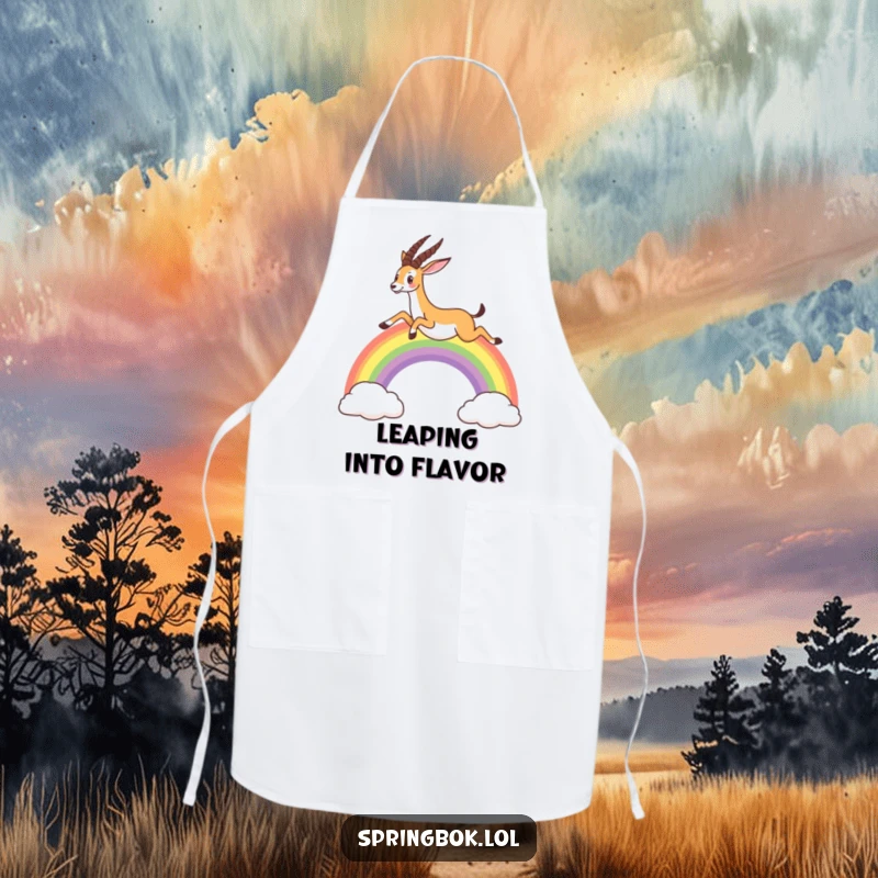 Funny apron with a springbok leaping joyfully over a rainbow, adding whimsical charm to cooking and baking.