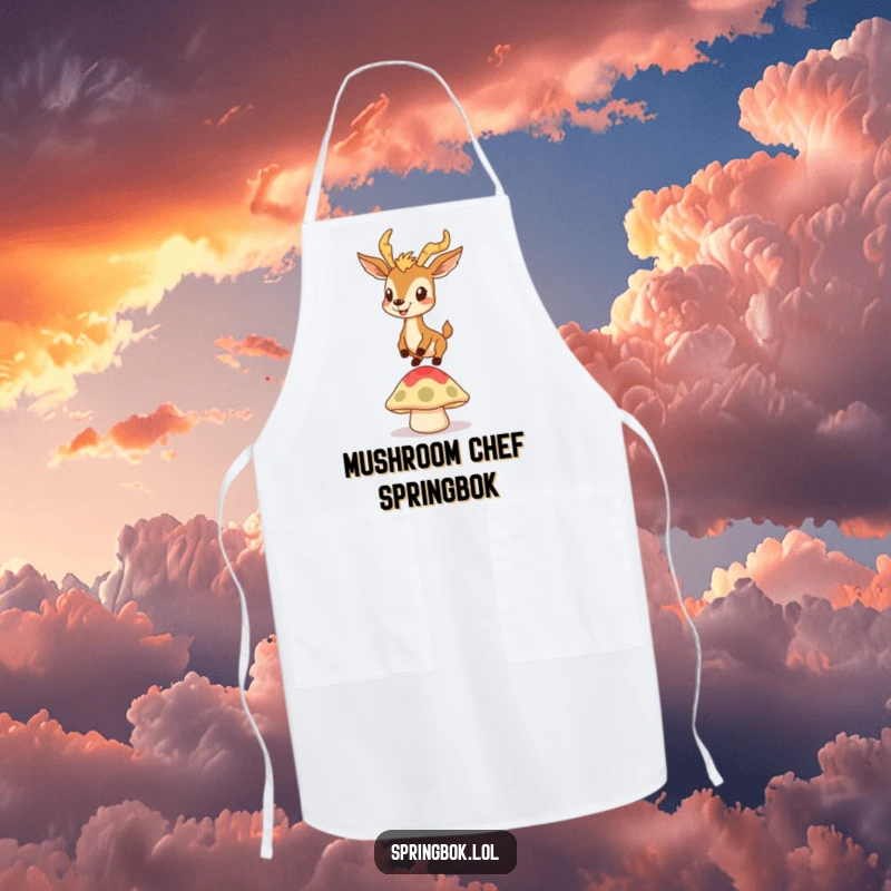 Funny cooking apron depicting a springbok with a goofy grin bouncing on a mushroom cap, a humorous and energetic kitchen accessory.