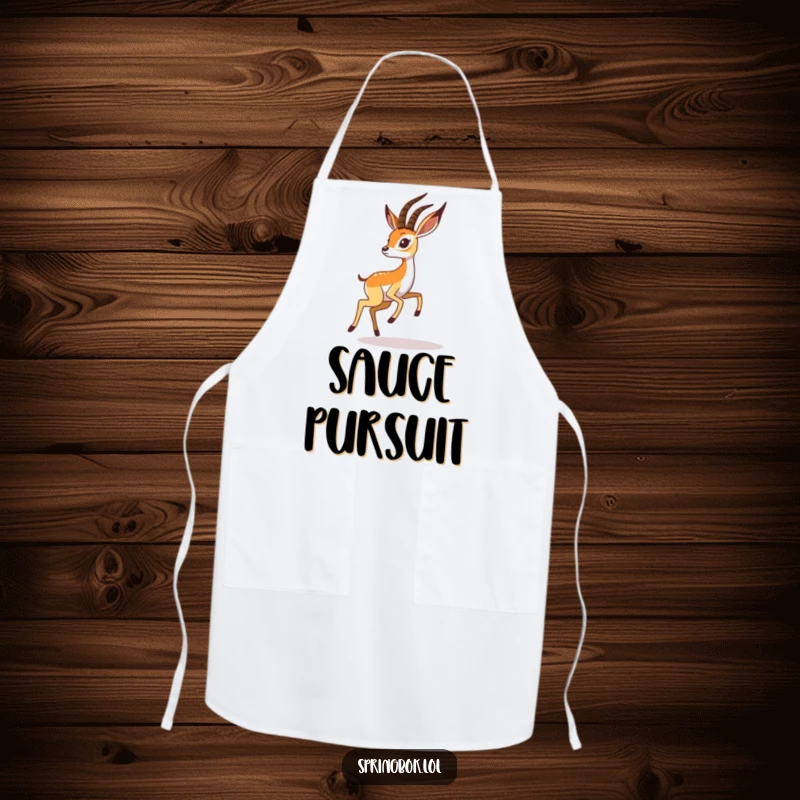 Funny springbok apron shows a playful springbok chasing its shadow, bringing humor to kitchen tasks.