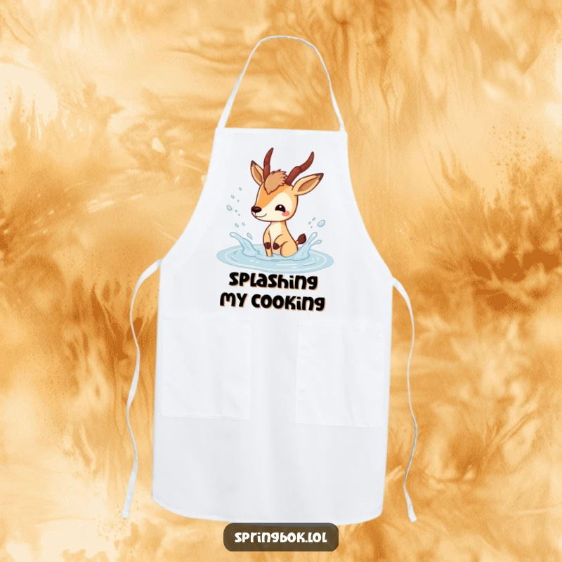 Funny springbok apron showing a playful springbok character splashing happily in a puddle, perfect for kitchen fun.