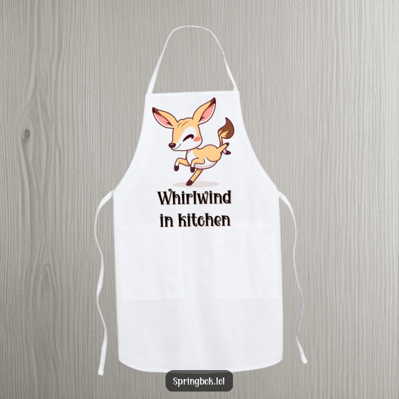 Funny Springbok cartwheel apron, a springbok winking and performing a cartwheel, protective and humorous kitchen wear.