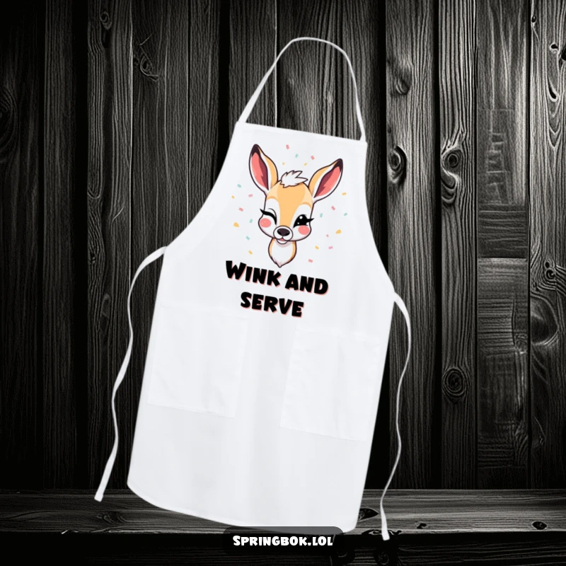 Funny apron with a springbok winking with confetti falling, perfect for adding humor to cooking and party events.