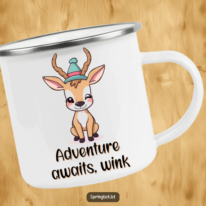 Funny Camping Mug: A silly antelope wearing a hat winks playfully, perfect for enjoying your beverage outdoors with a touch of humor.