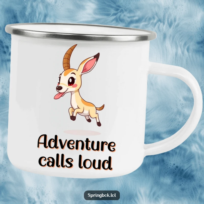 Funny springbok in a playful mid-air jump, tongue extended, on a durable and humorous camping mug.