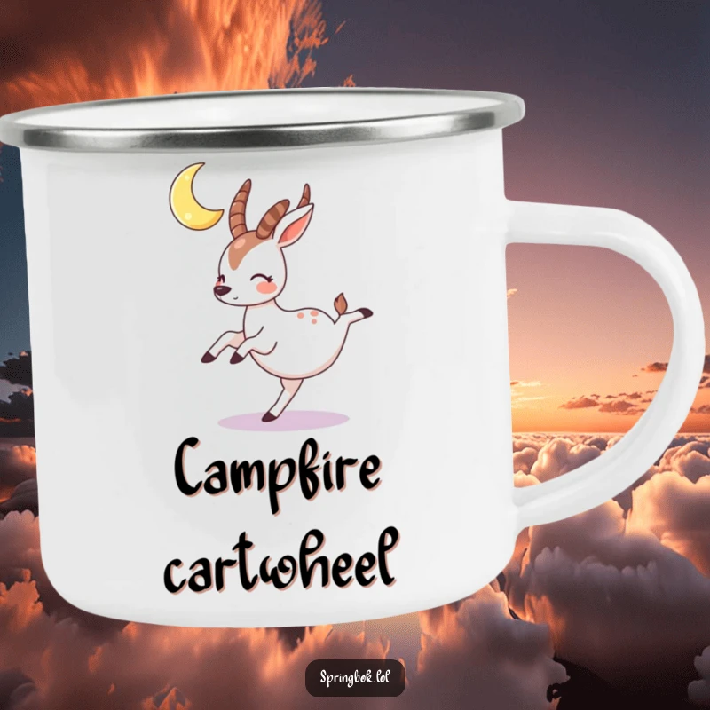 Funny springbok camping mug with a rosy-cheeked character cartwheeling under a crescent moon, perfect for night adventures.
