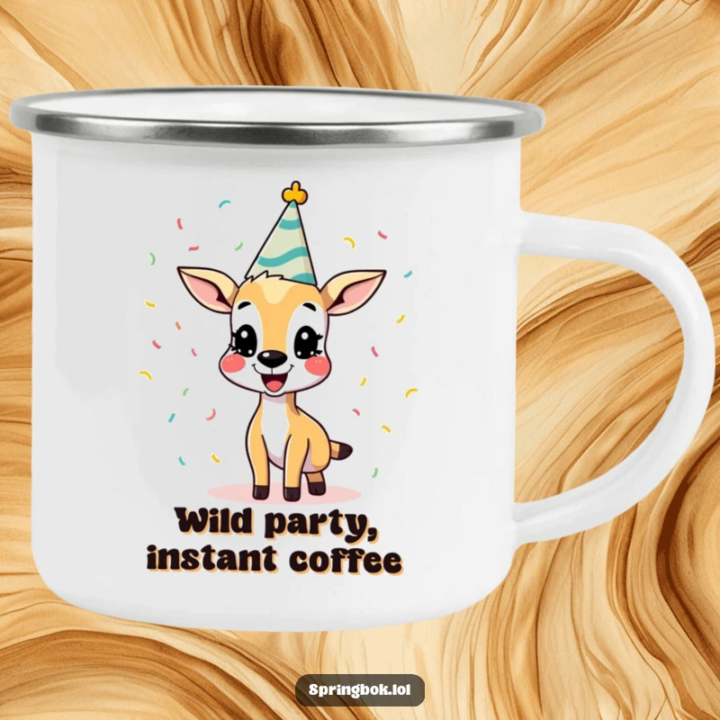 Funny Springbok Camping Mug, showing a springbok in a party hat throwing confetti. A rugged and humorous mug for adventures, great funny gift.