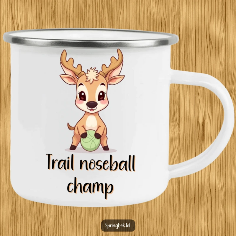 Funny Antelope Camping Mug: A happy antelope balances a small ball on its nose, ready for adventure and a good laugh.