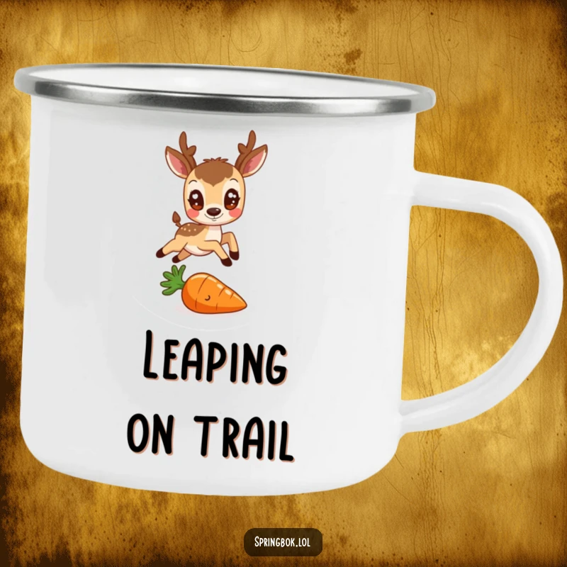 Funny enamel camping mug featuring a round antelope with friendly eyes leaping over a tiny carrot, perfect for outdoor adventures.