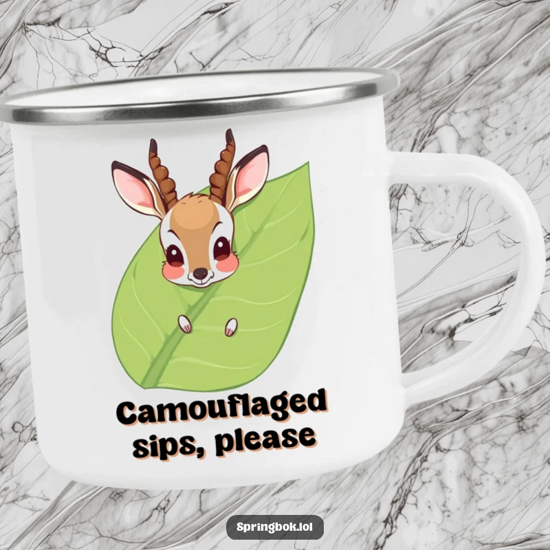 Funny Camping Mug: A blushing antelope peeks from a leaf, ready for adventure, bringing a cute and humorous vibe to your outdoor drinks.