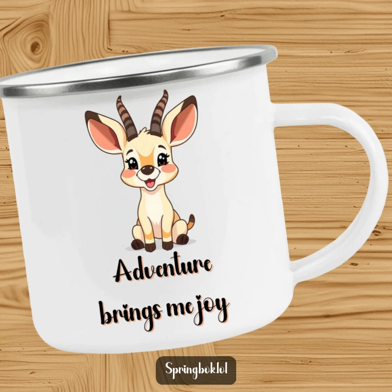 Funny springbok with large, bouncy ears twitching with glee, on a sturdy camping mug for outdoor fun.