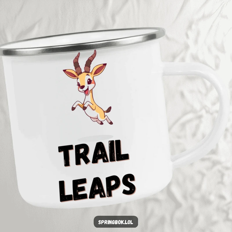 Funny springbok leaping joyfully with ears flopped forward, durable and whimsical camping mug