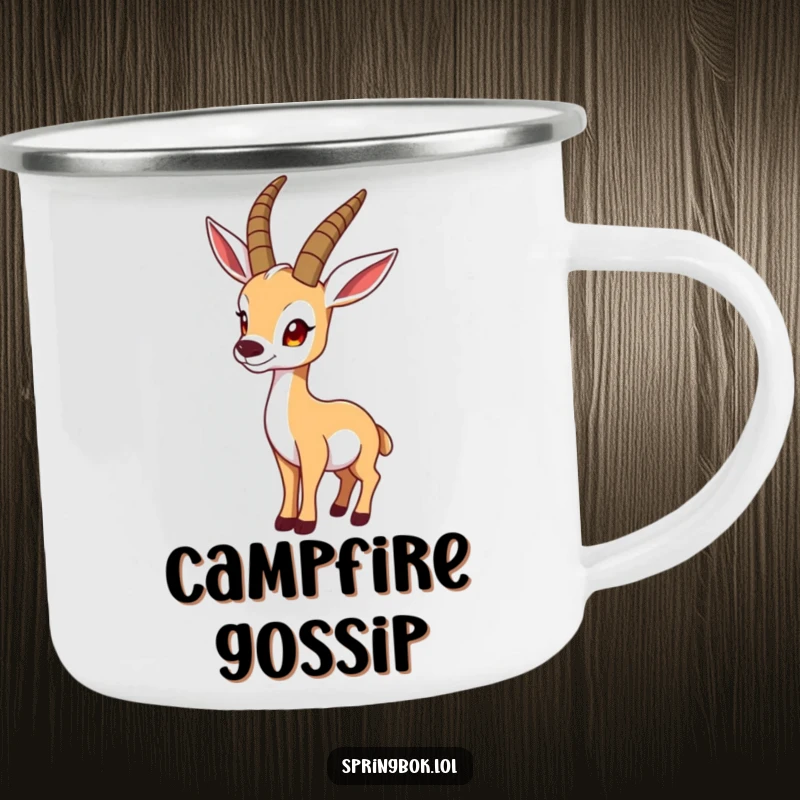 Funny springbok camping mug shows a springbok looking over its shoulder in a funny pose, perfect for outdoor adventures and humor.