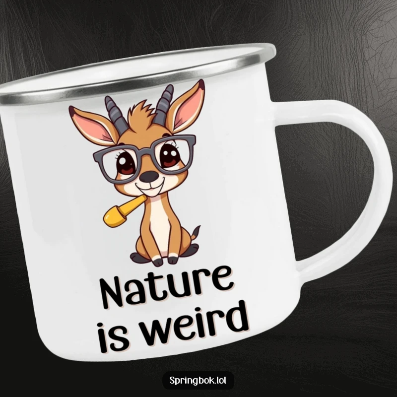 Funny springbok with huge spectacles, looking curiously at something amusing, on a durable camping mug.