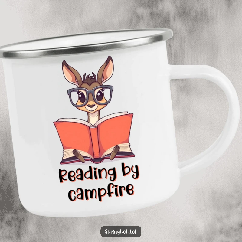 Funny Springbok Glasses Camping Mug: Springbok with large glasses reading a book, perfect for outdoor reading.