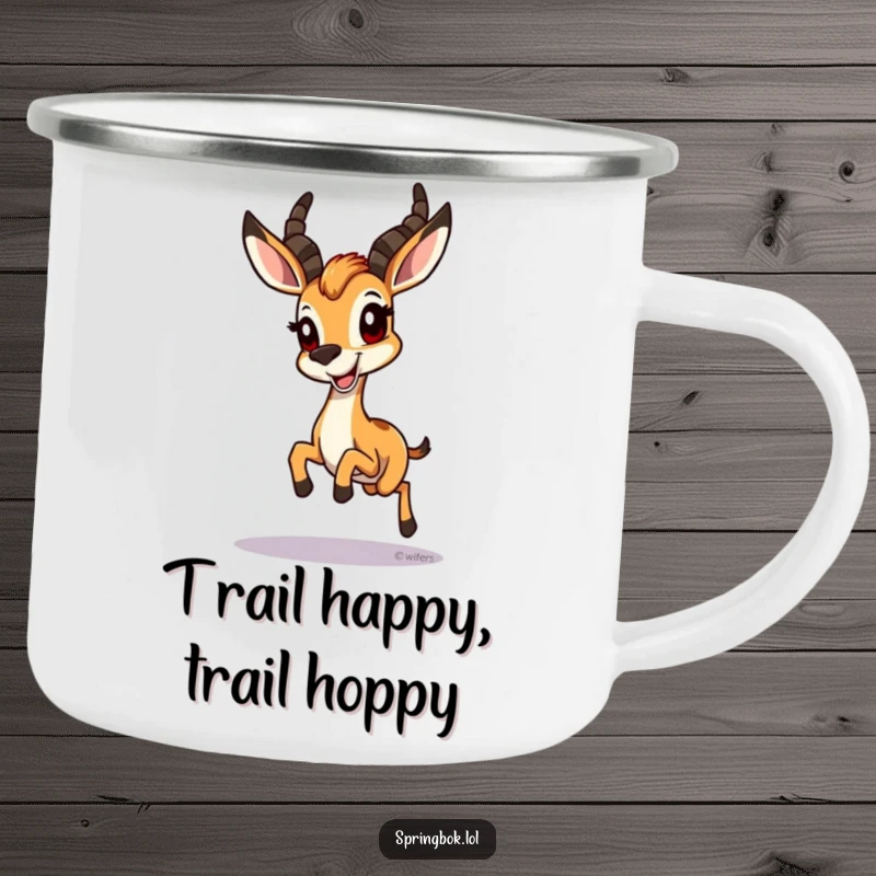 Funny Springbok Camping Mug: A springbok hopping with a wide grin, a cheerful and sturdy mug for outdoor enjoyment.