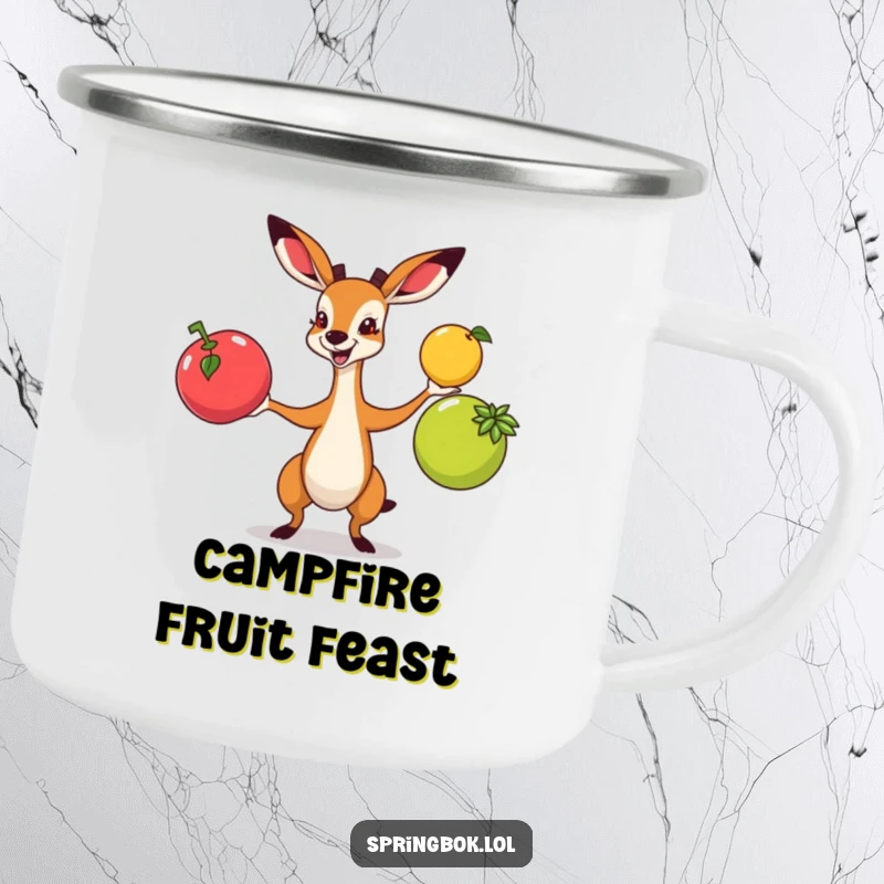 Funny springbok juggling colorful fruits enthusiastically, on a durable and humorous camping mug.