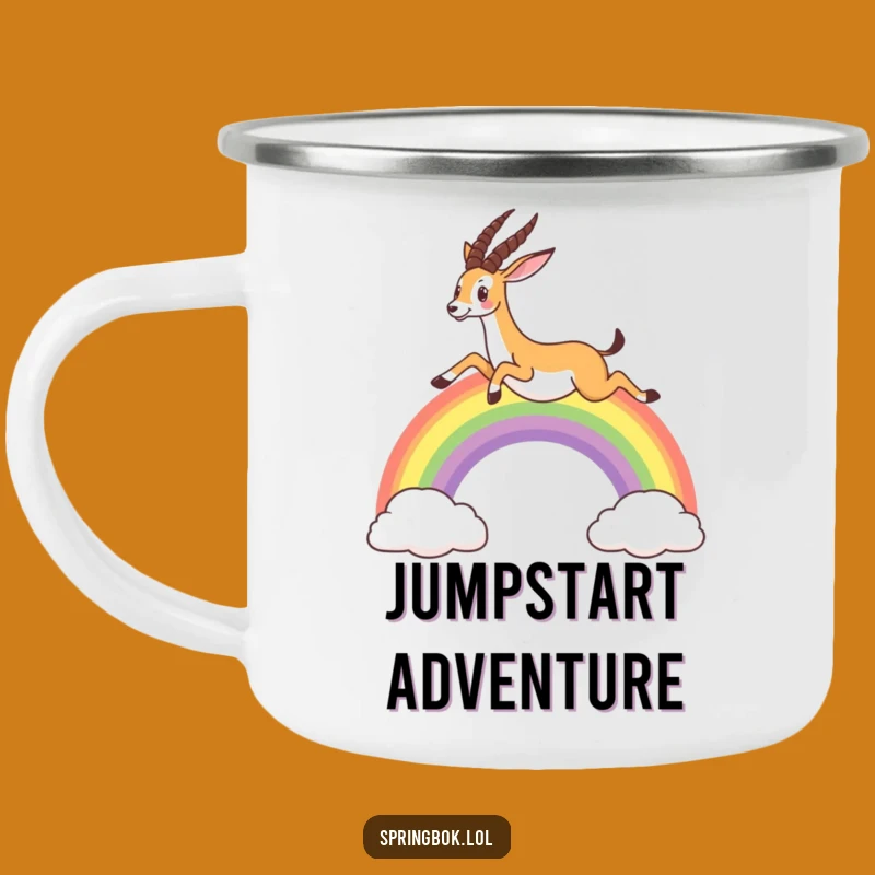 Funny Springbok Rainbow Camping Mug: Sip Your Adventure with Whimsical Cheer