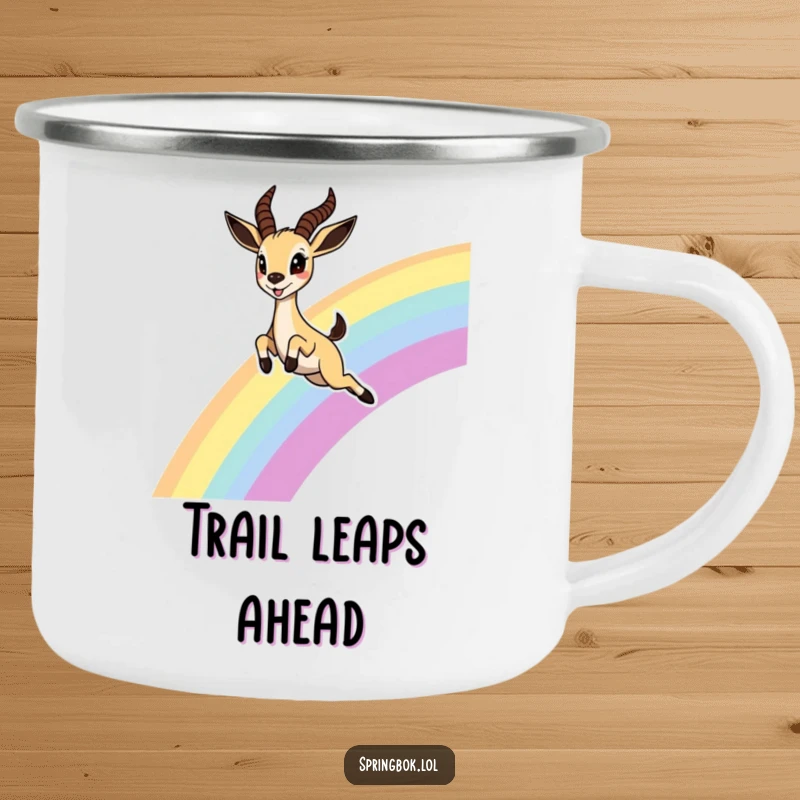 Funny Springbok Rainbow Camping Mug, showing a cute springbok leaping joyfully over a rainbow, great for camping and whimsical adventures.