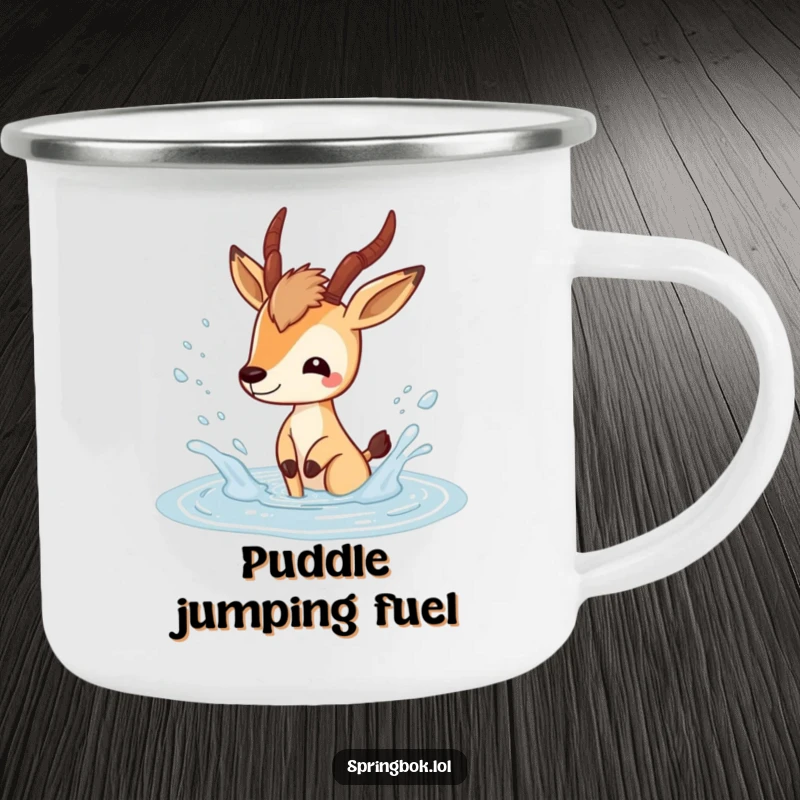 Funny springbok camping mug showing a playful springbok character splashing happily in a puddle, perfect for outdoor fun.