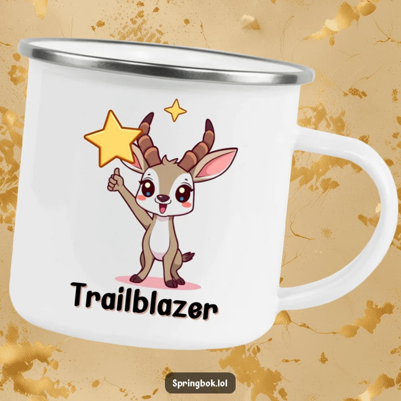 Funny springbok camping mug with a triumphant character under a star, bringing winning vibes to outdoor trips.