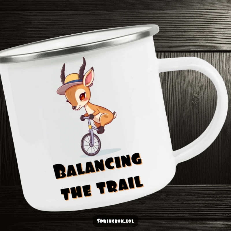 Funny Springbok Unicycle Camping Mug: Springbok in a hat, focused on unicycling, ready for any adventure.