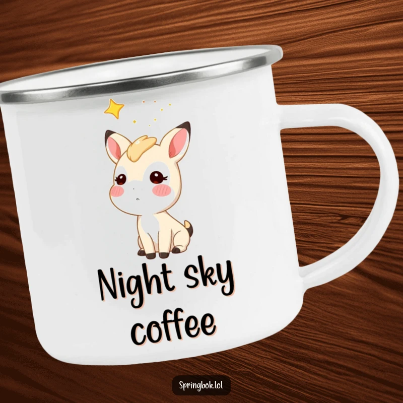 Funny starry sky springbok camping mug, a springbok character gazing at stars, rugged and whimsical.