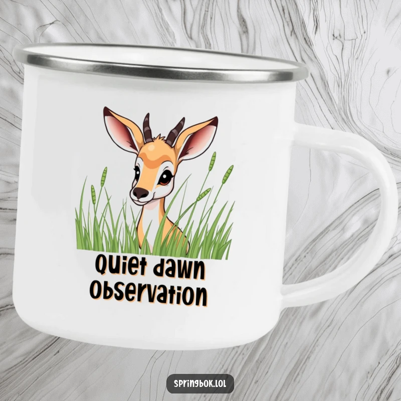 Funny Springbok Camping Mug: A durable mug featuring a springbok peeking from behind tall grass, ready for your wilderness sips.
