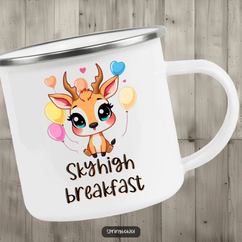 Funny springbok camping mug with a happy character humorously juggling bright balloons, designed for outdoor enjoyment and smiles.