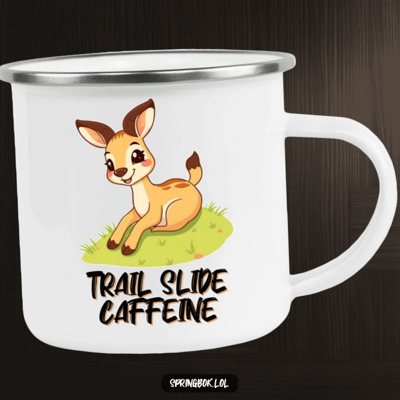 Funny springbok camping mug with a silly springbok grinning down a grassy hill, perfect for outdoor enjoyment and smiles.
