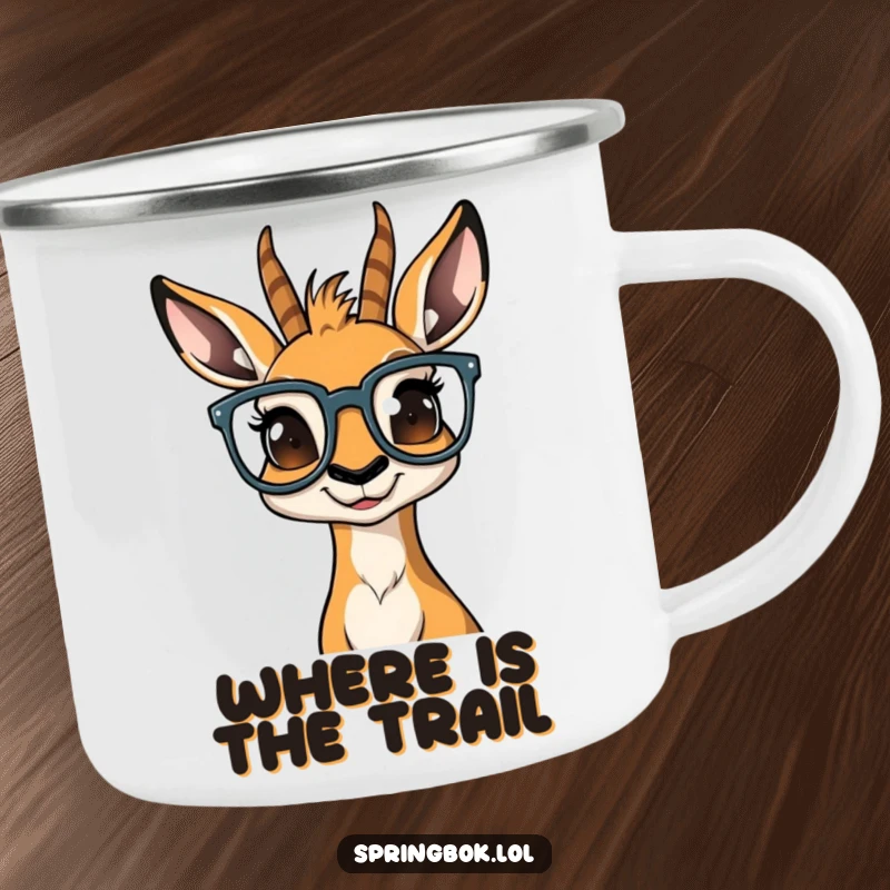 Funny springbok with huge glasses, looking bewildered, on a sturdy camping mug for outdoor fun.