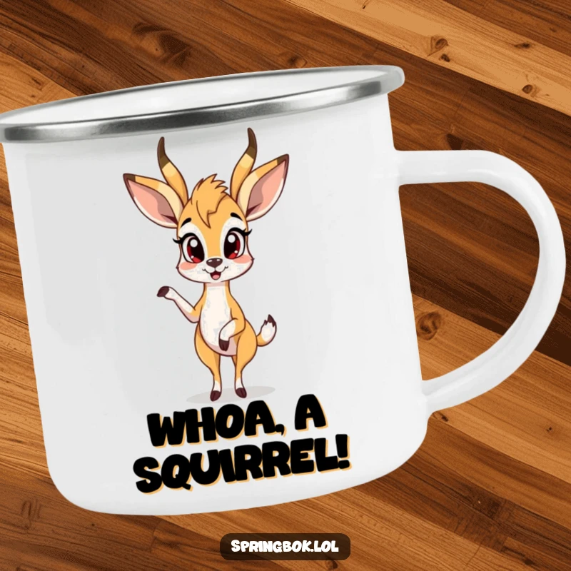 Funny springbok camping mug shows a springbok looking surprised with one leg up, perfect for outdoor adventures and humor.