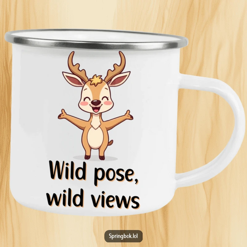 Funny Antelope Camping Mug: A joyful antelope strikes a hilariously silly pose with arms outstretched, perfect for outdoor fun.