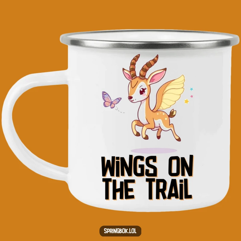 Funny Winged Springbok Camping Mug: Adventure with a Touch of Magic