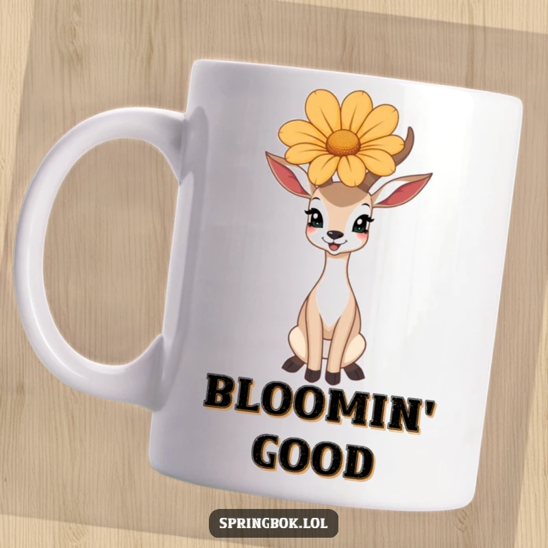 Funny mug with a happy antelope balancing a large flower on its head, looking joyful.